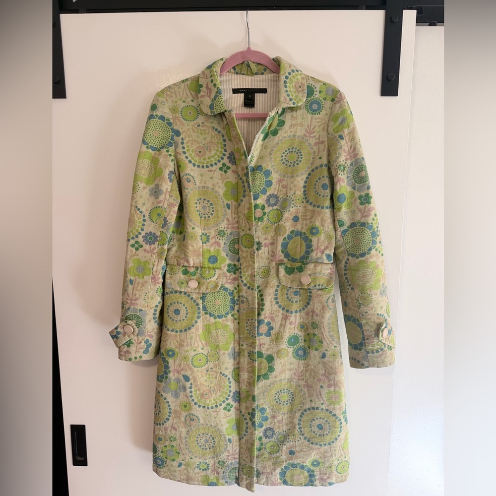 Vintage Marc Jacobs Mod Green Floral Pattern Trench Coat